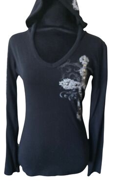 Women's Black Long Sleeve Hooded Tee with Metallic Floral Accent